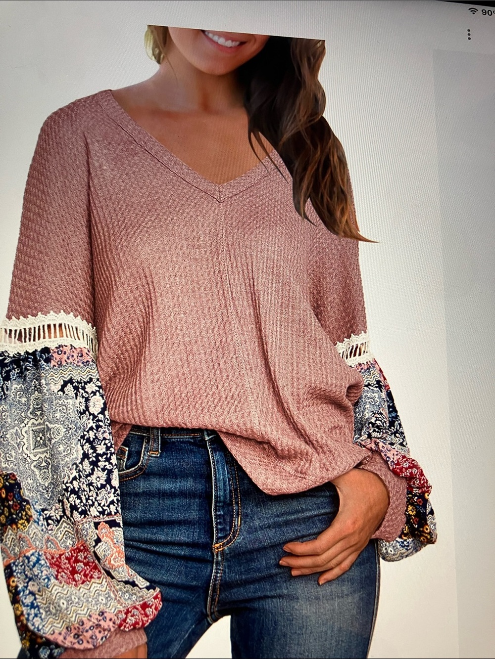 Waffle Knit V-Neck Long Sleeve Top in Dusty Rose with Printed Balloon Sleeves